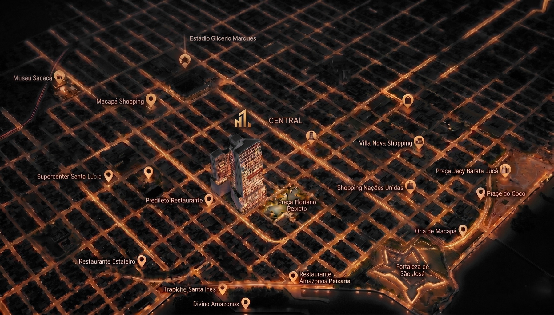Mapa noturno estilizado de Macapá com a torre do Connect One em destaque no centro e os principais pontos de interesse ao redor, como praças, shoppings, restaurantes e a Fortaleza de São José