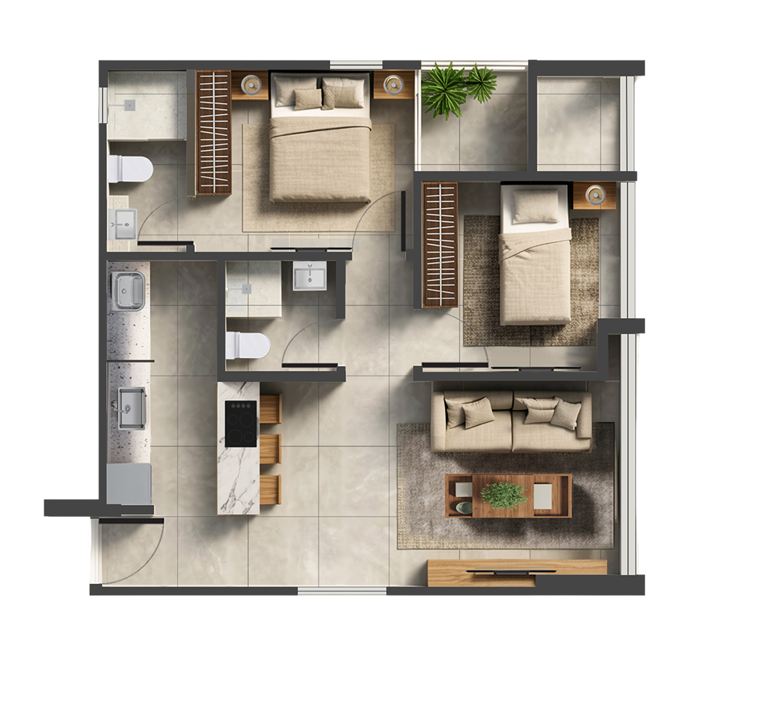 Planta do apartamento tipo 01, com 2 dormitórios