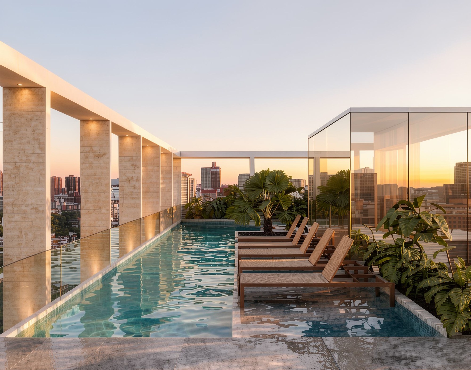 Rooftop do Connect One com piscina e vista da cidade